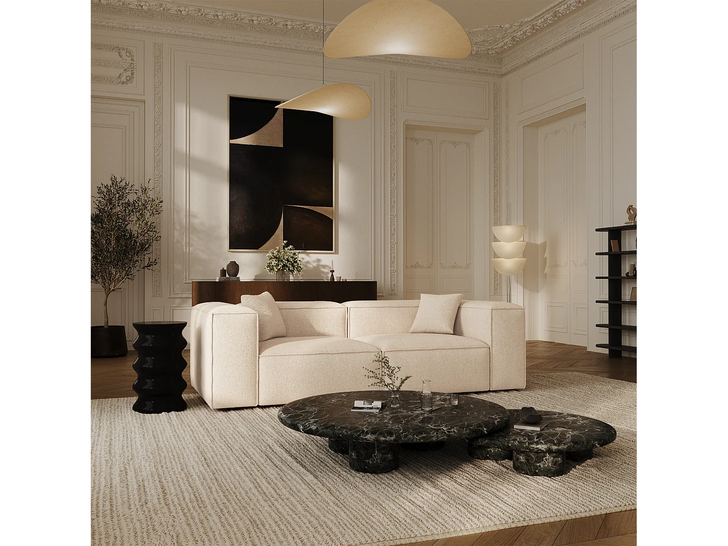 Canapé modulable 3 places velours chenillé crème CUBI