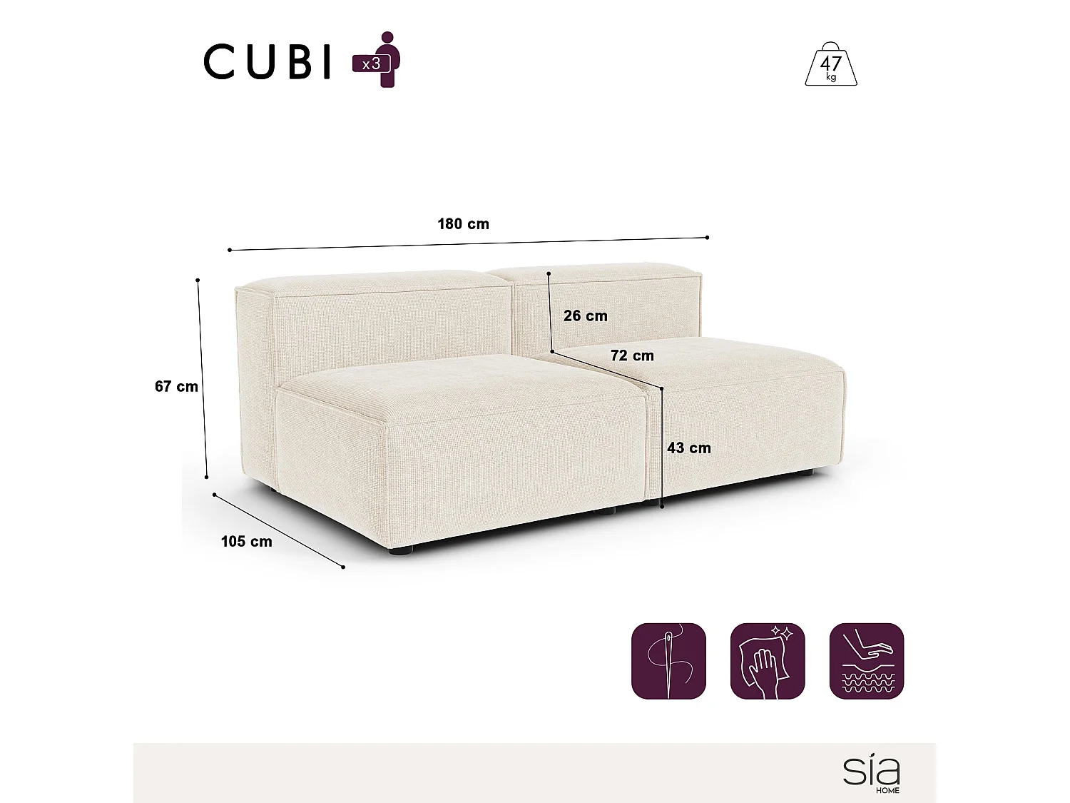 Canapé modulable 3 places velours chenillé crème CUBI