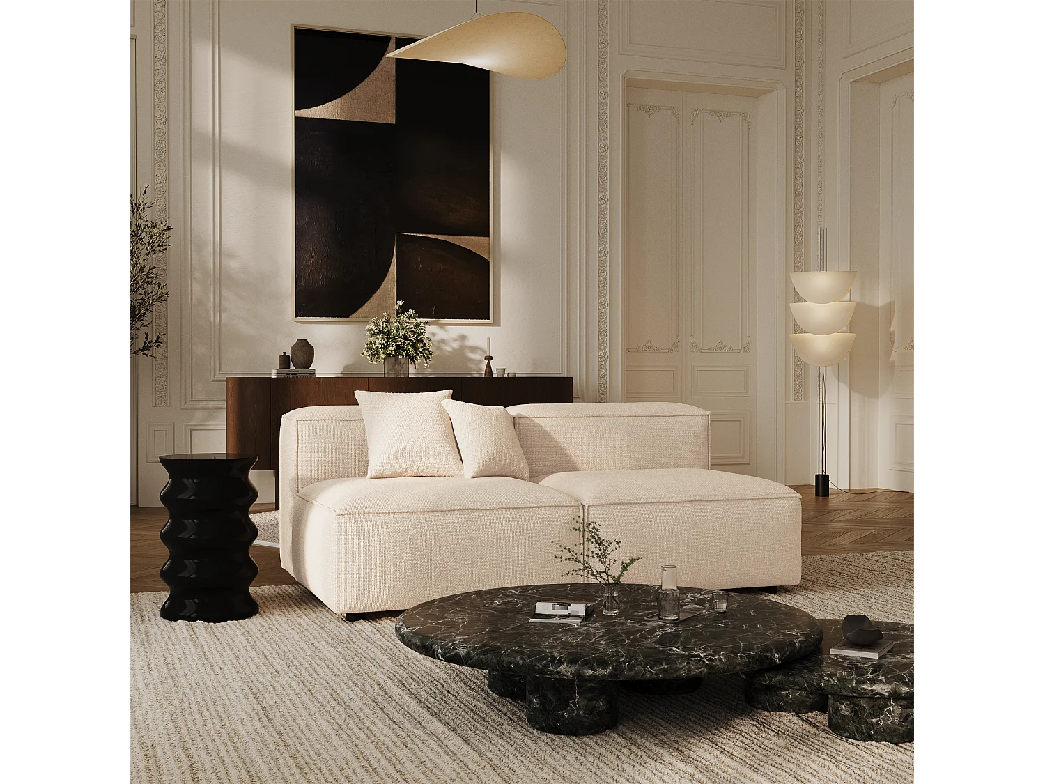 Canapé modulable 3 places velours chenillé crème CUBI