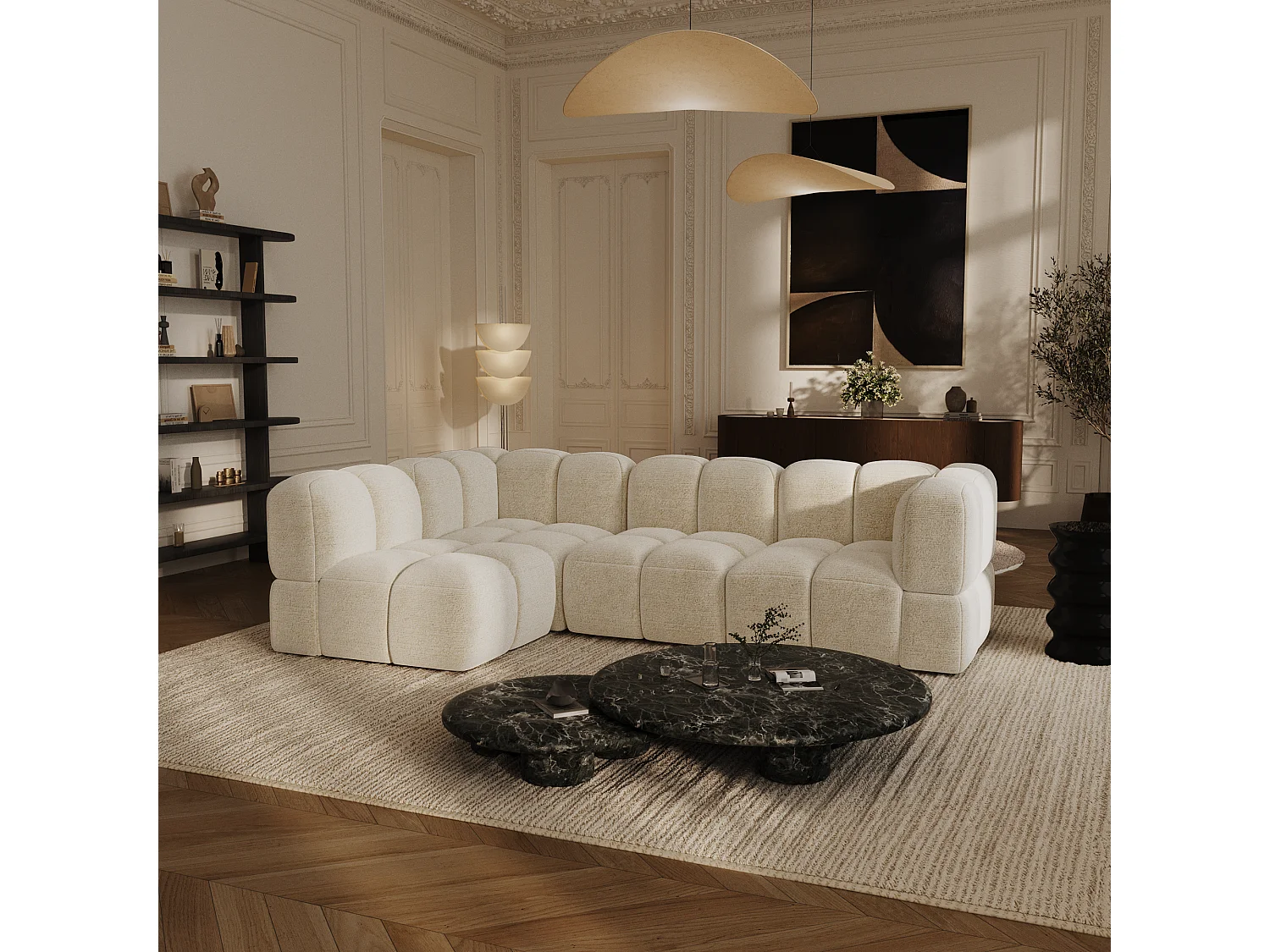 Canapé d'angle gauche modulable 5-6 places velours texturé crème NUBI