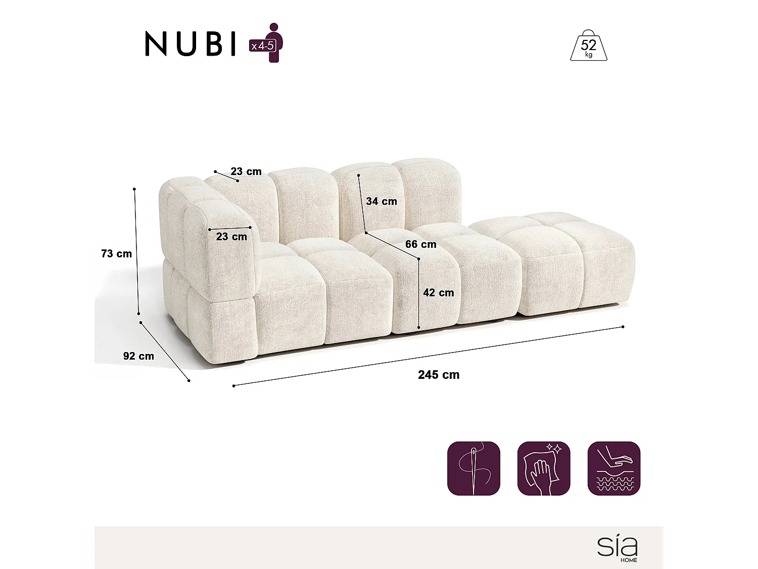 Canapé modulable 4-5 places gauche velours texturé crème NUBI