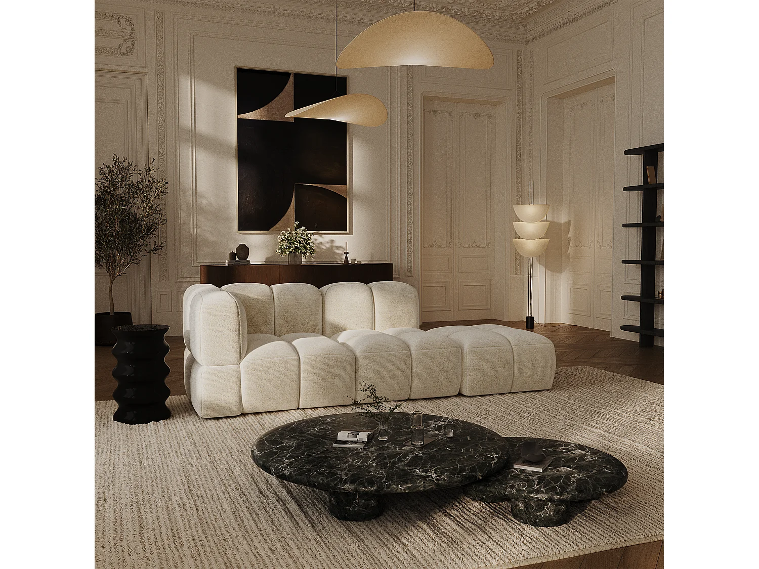 Canapé modulable 4-5 places gauche velours texturé crème NUBI