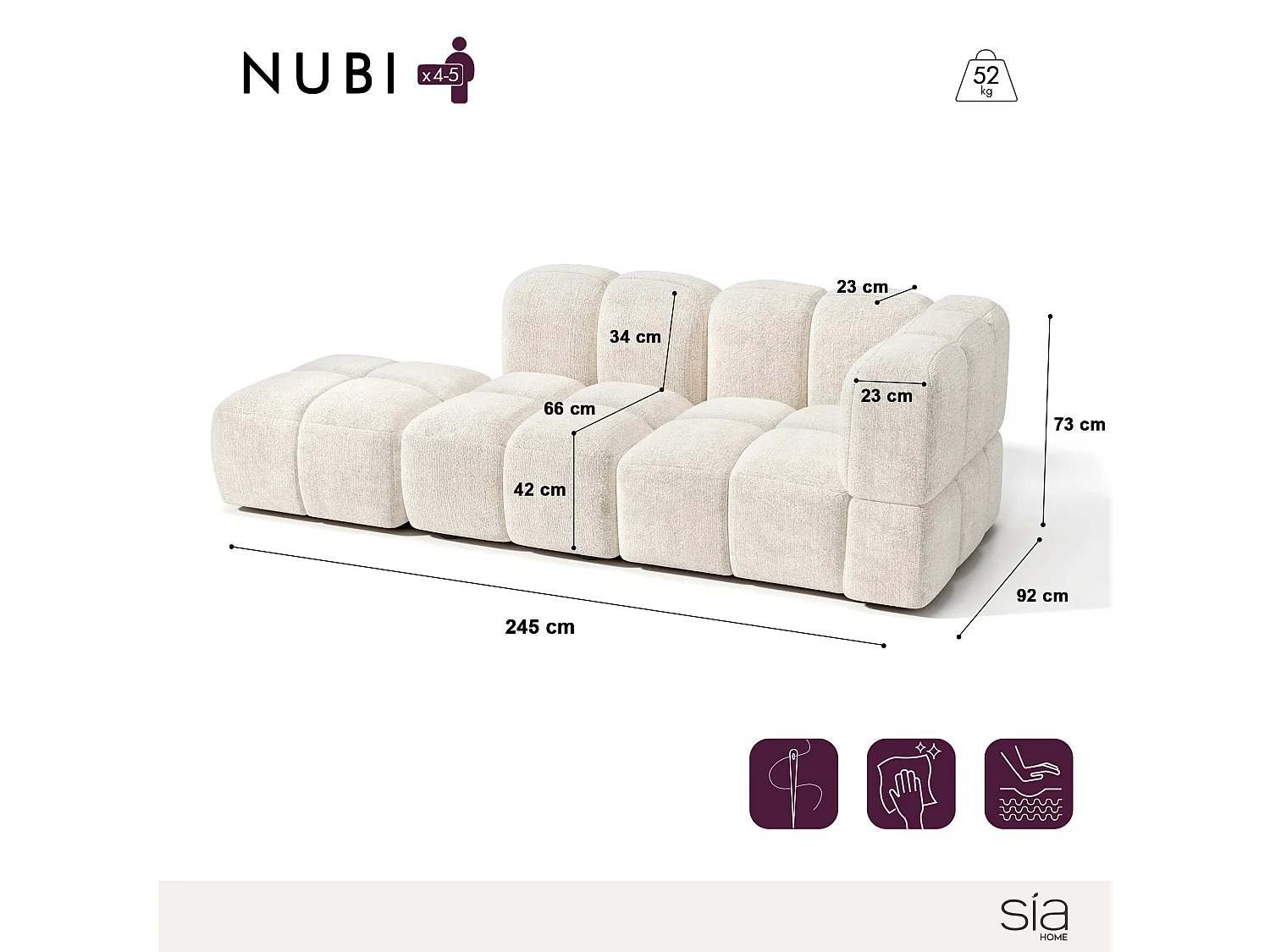 Canapé modulable 4-5 places droit velours texturé crème NUBI