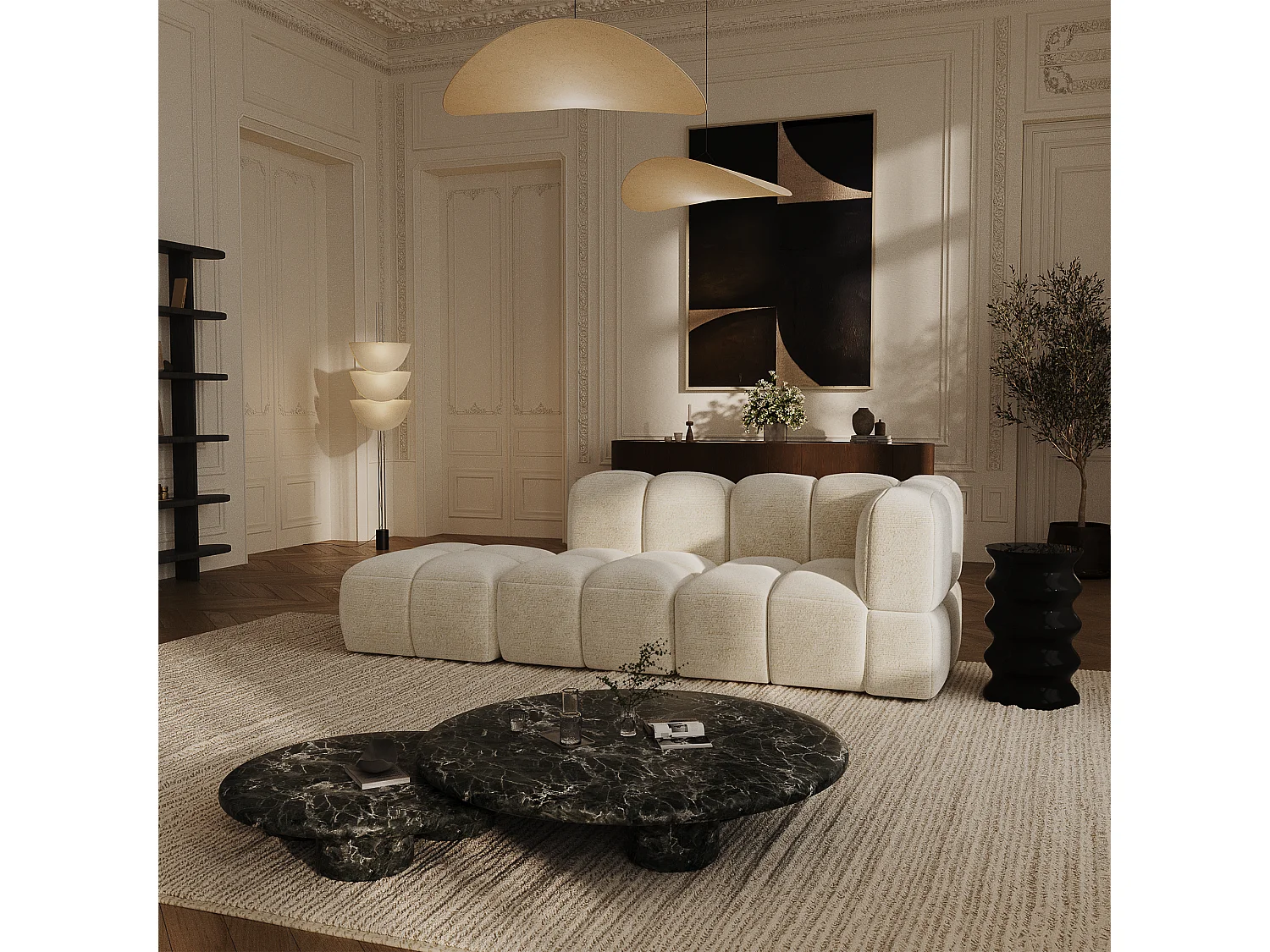 Canapé modulable 4-5 places droit velours texturé crème NUBI