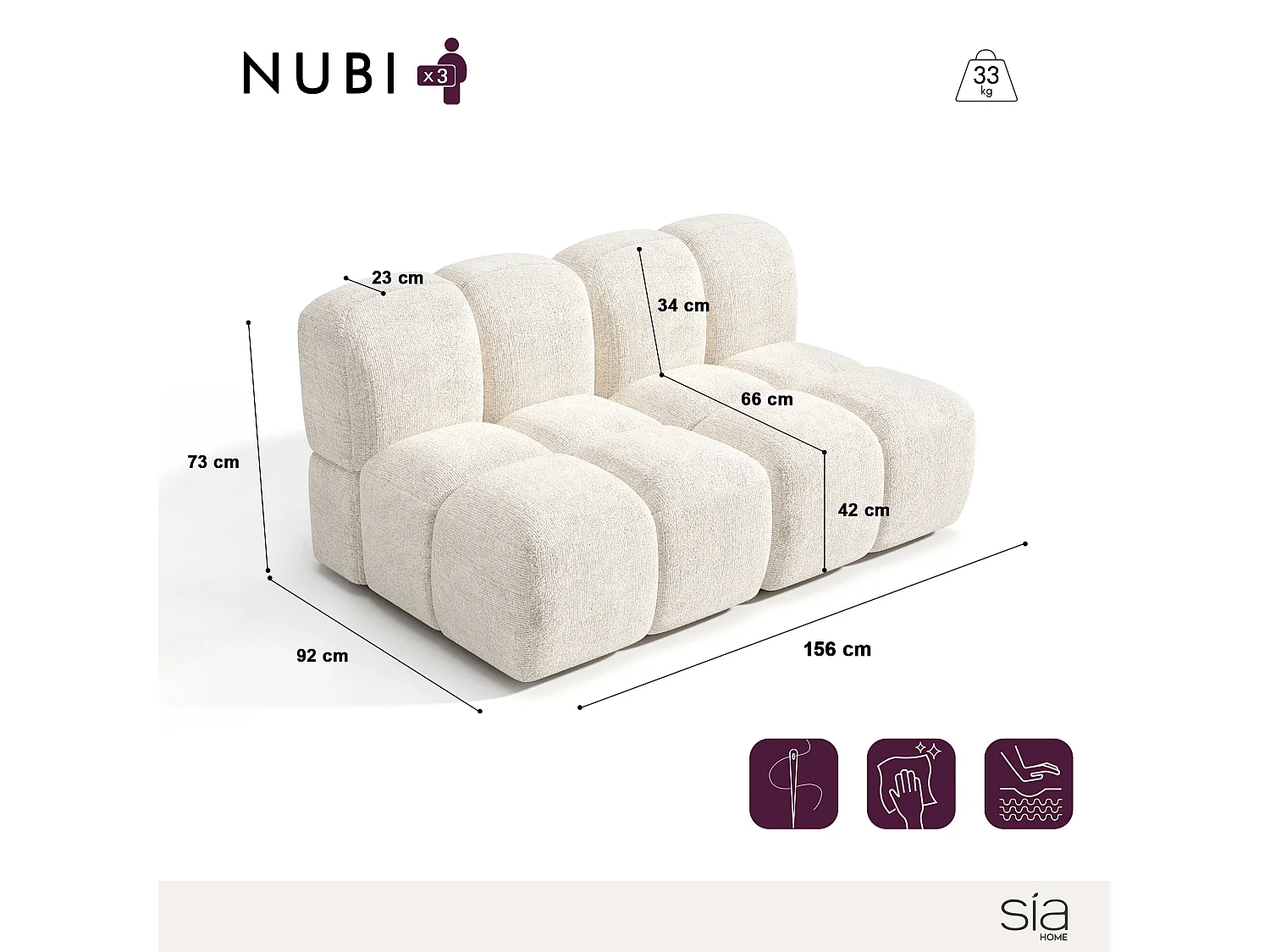 Canapé modulable 3 places velours texturé crème NUBI