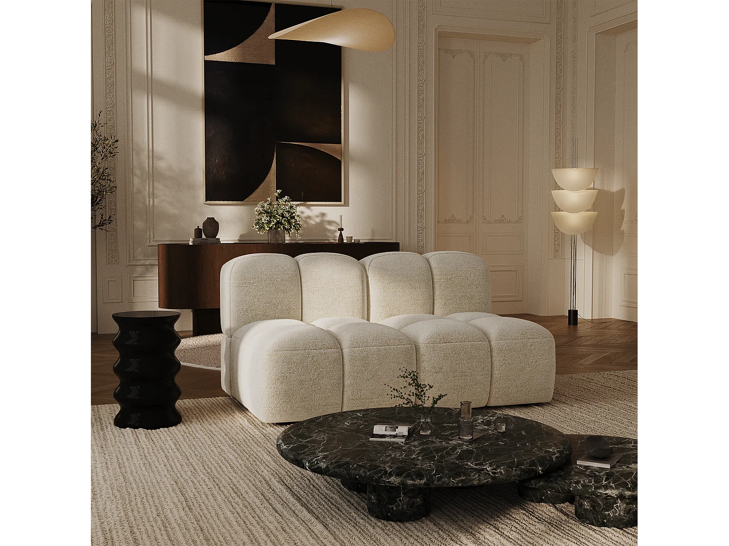 Canapé modulable 3 places velours texturé crème NUBI