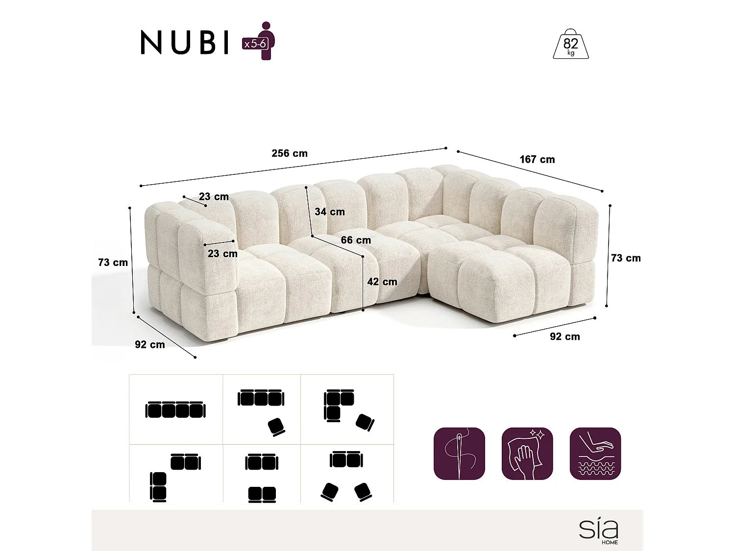 Canapé d'angle droit modulable 5-6 places velours texturé crème NUBI