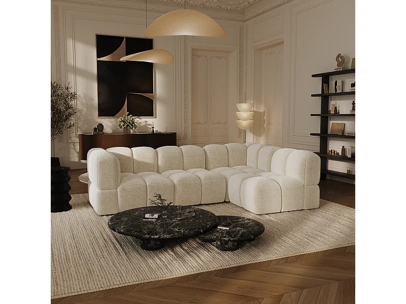 Canapé d'angle droit modulable 5-6 places velours texturé crème NUBI