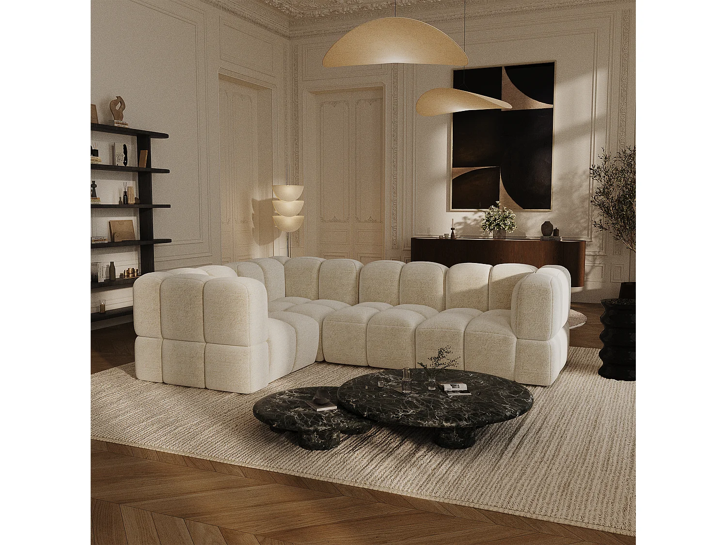 Canapé d'angle gauche modulable 5-6 places velours texturé crème NUBI