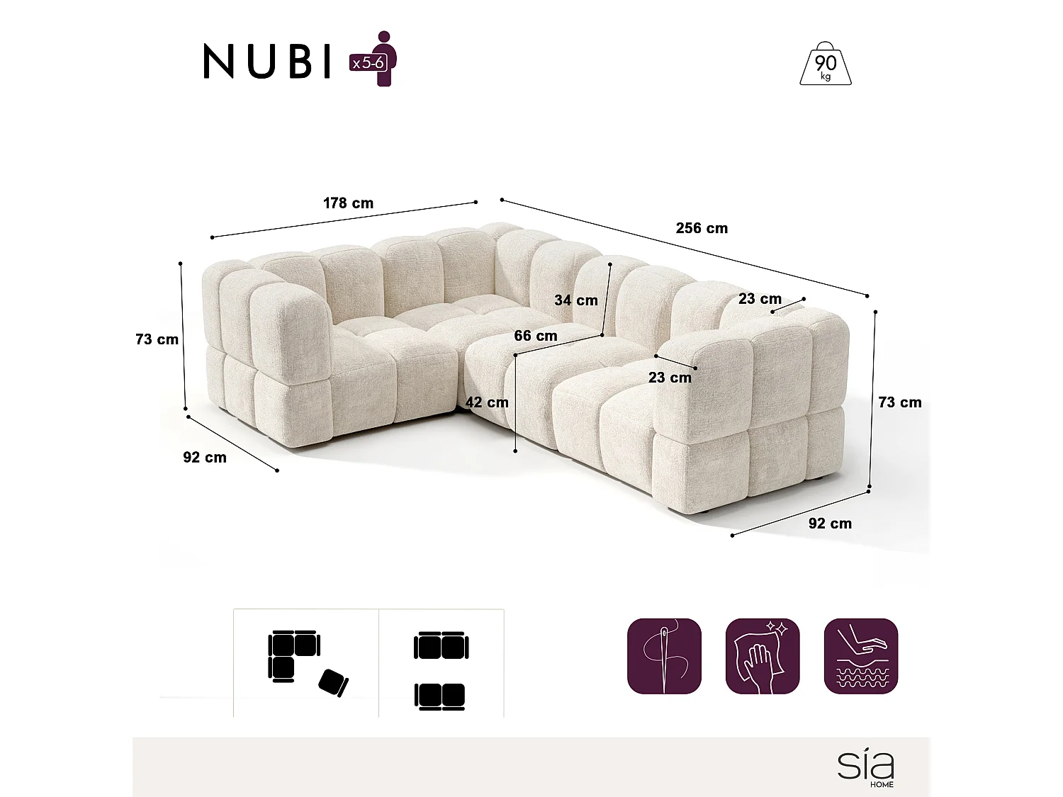 Canapé d'angle gauche modulable 5-6 places velours texturé crème NUBI