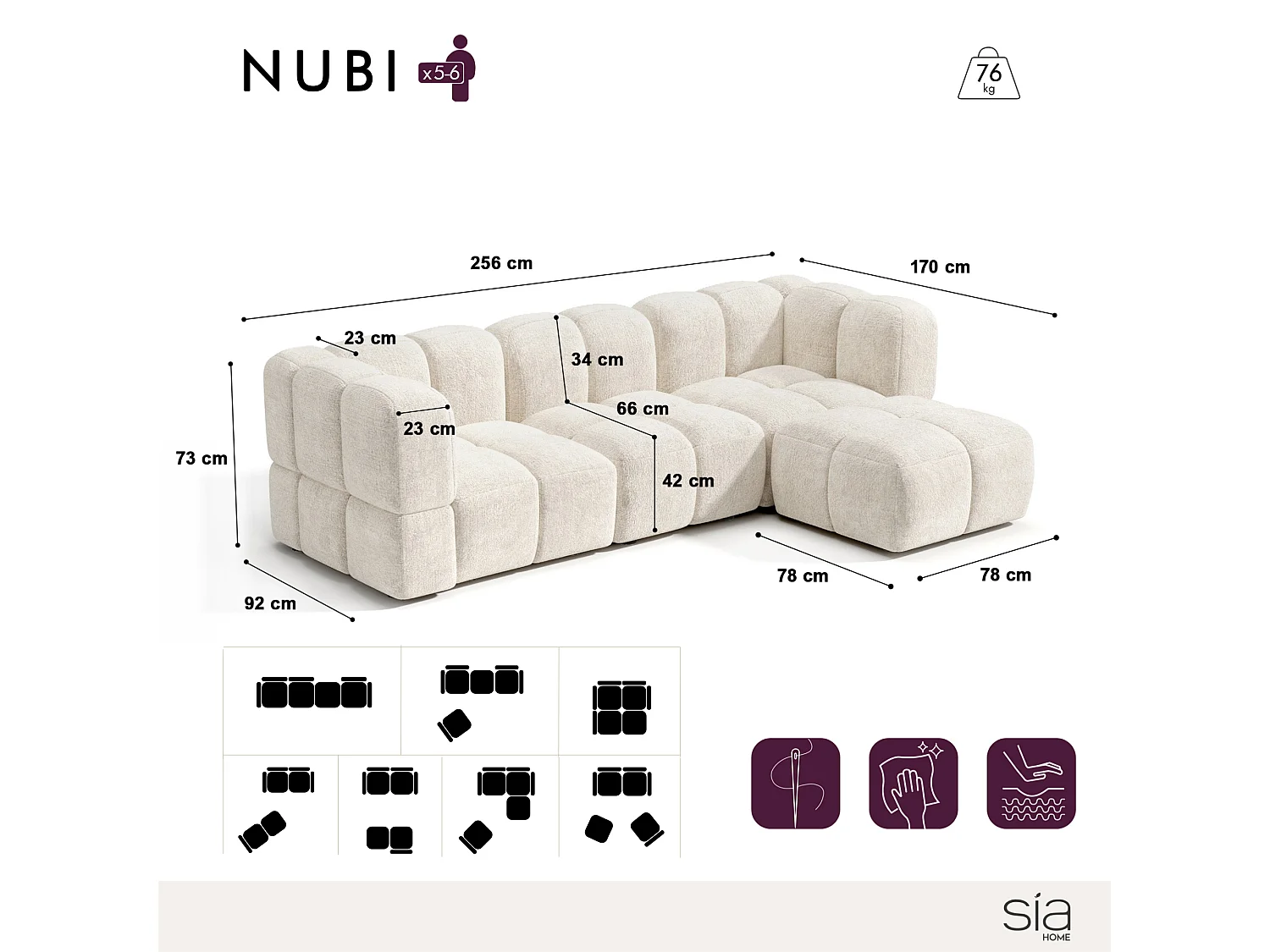 Canapé d'angle modulable 5-6 places velours texturé crème NUBI