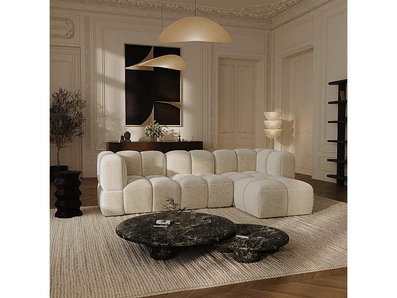 Canapé d'angle modulable 5-6 places velours texturé crème NUBI