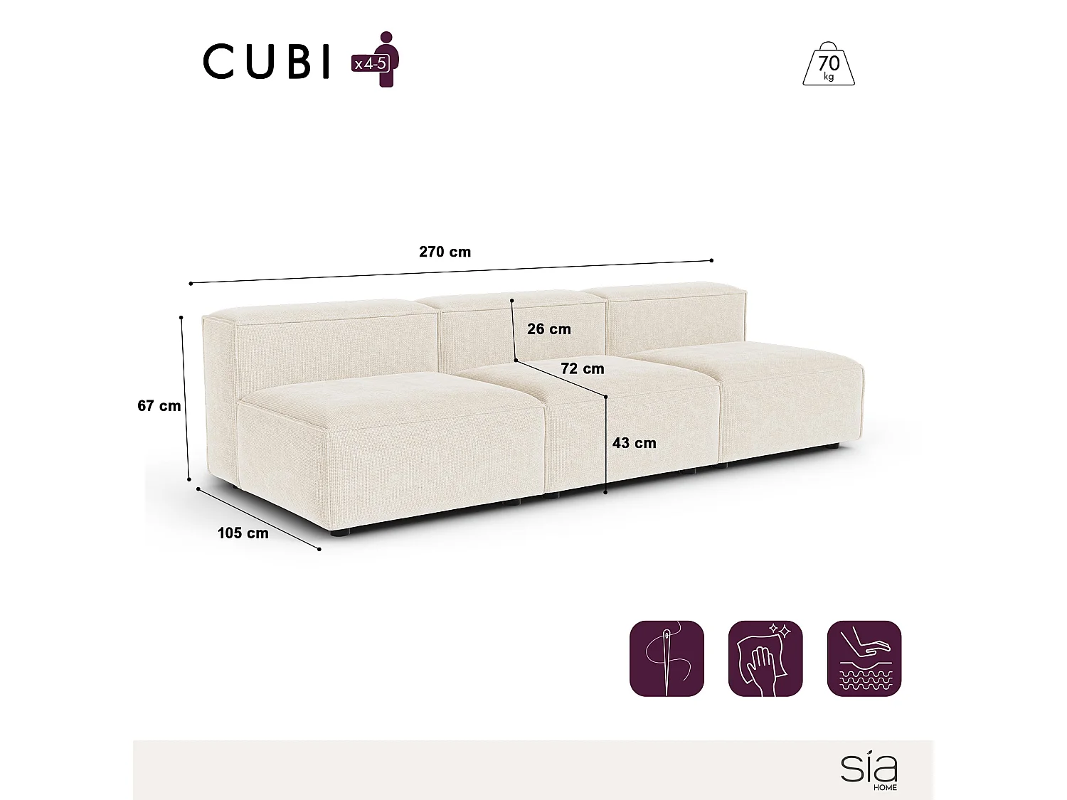 Canapé modulable 4-5 places velours chenillé crème CUBI