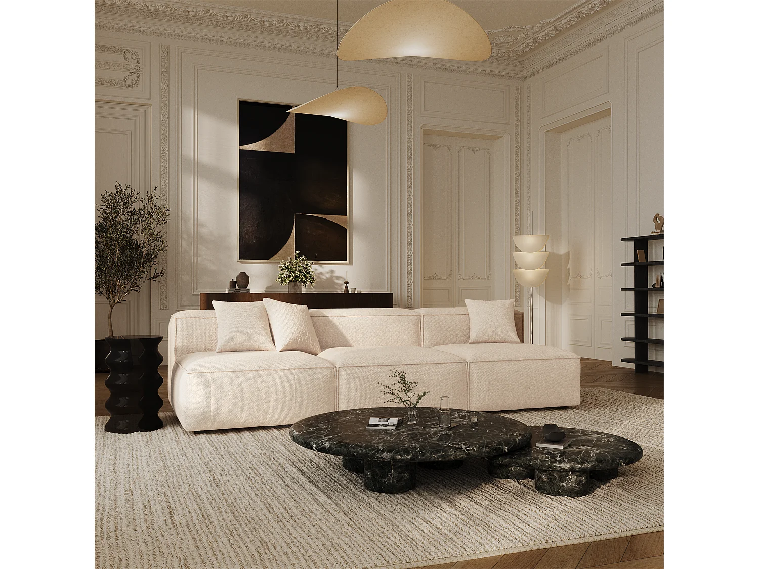 Canapé modulable 4-5 places velours chenillé crème CUBI