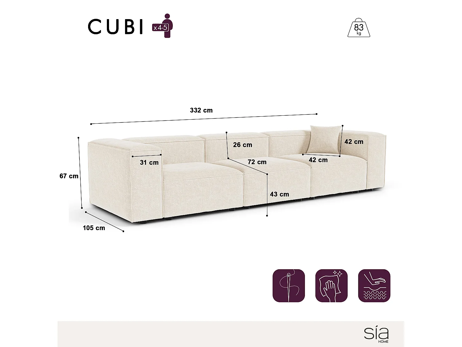 Canapé modulable 4-5 places velours chenillé crème CUBI