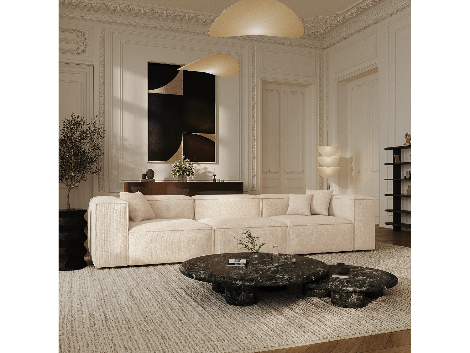 Canapé modulable 4-5 places velours chenillé crème CUBI