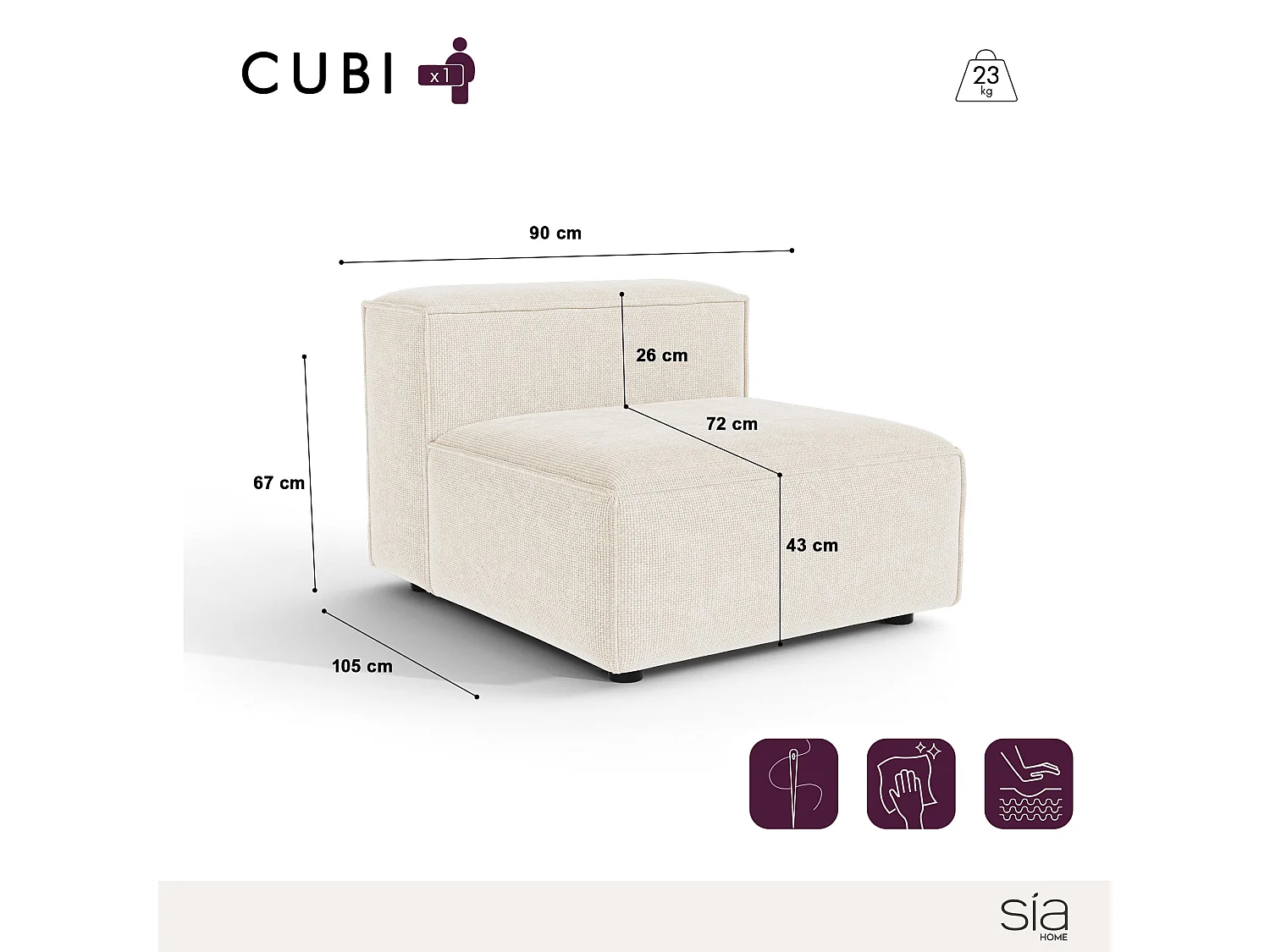 Fauteuil velours chenillé crème CUBI