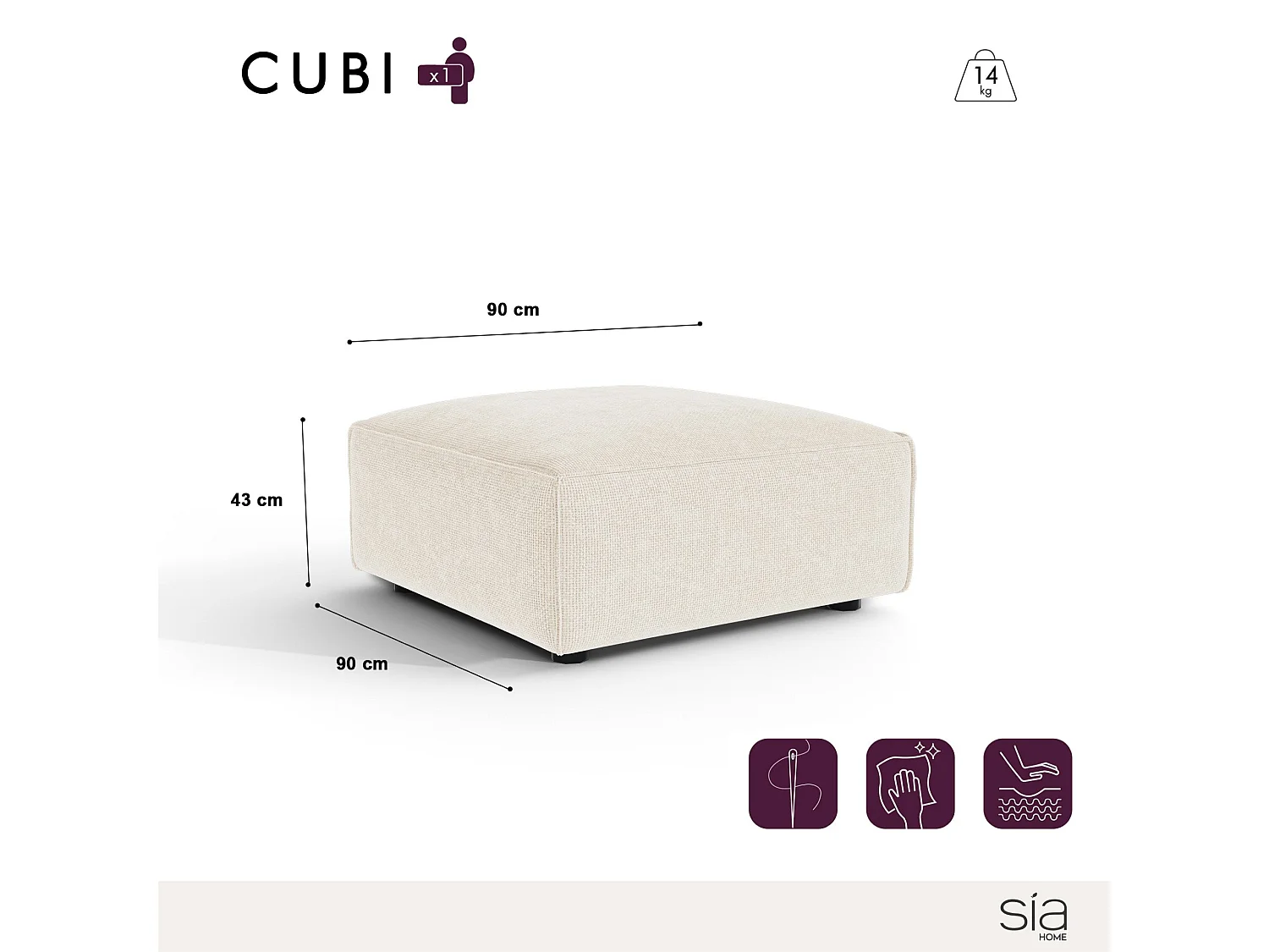 Pouf CUBI en velours chenillé crème 90x90cm