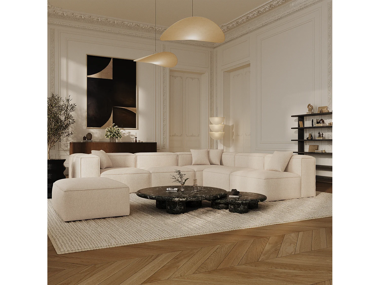 Pouf CUBI en velours chenillé crème 90x90cm