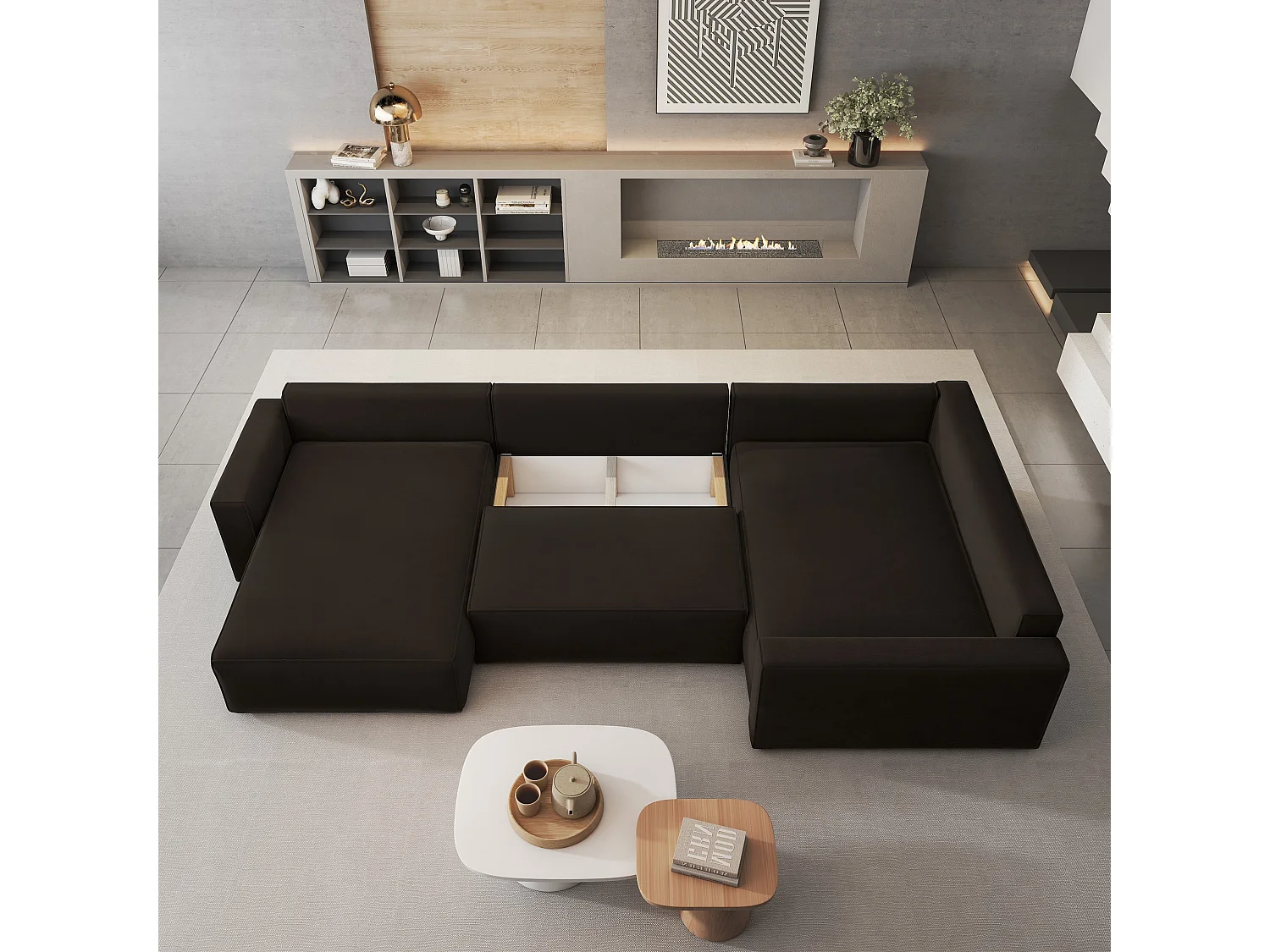 Canapé D'angle Velami Marron En Velours Avec Fonction De Couchage