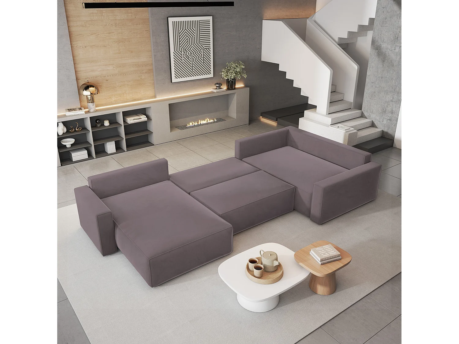 Canapé D'angle Velami Violet En Velours Avec Fonction De Couchage