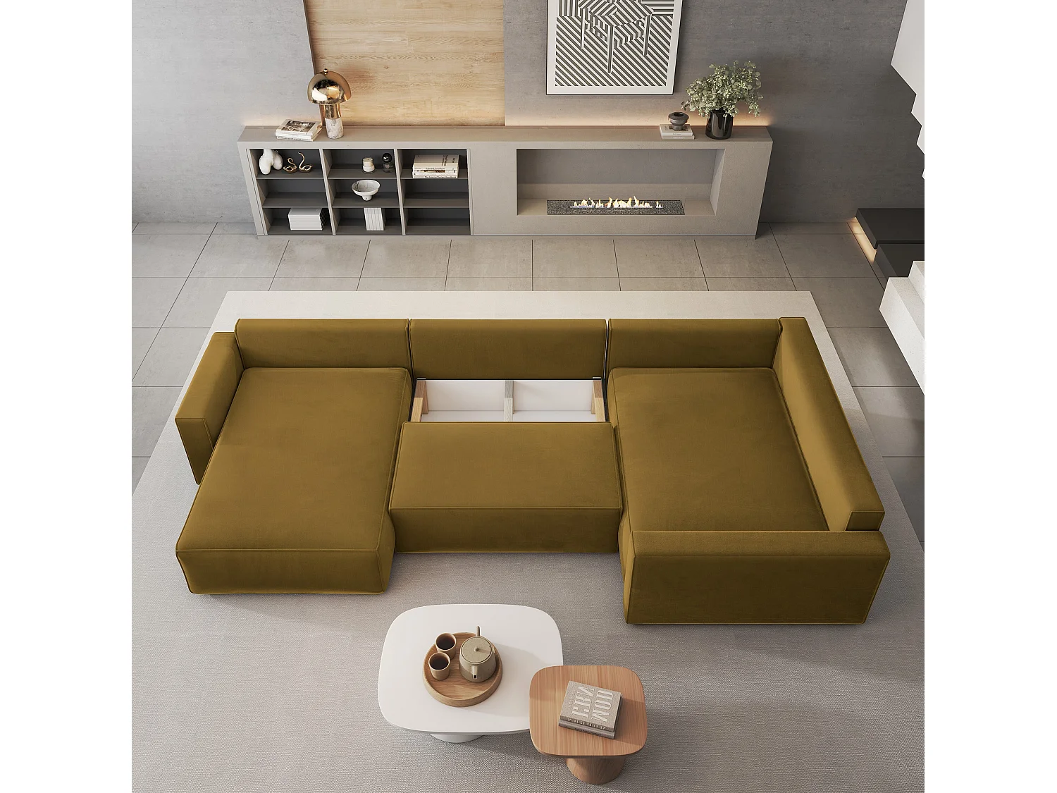 Canapé D'angle Velami Jaune En Velours Avec Fonction De Couchage