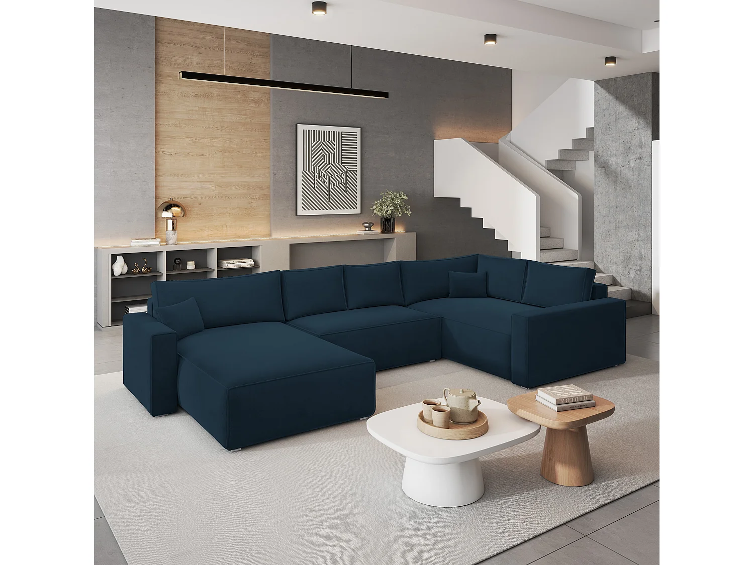 Canapé D'angle Velami Bleu En Velours Avec Fonction De Couchage