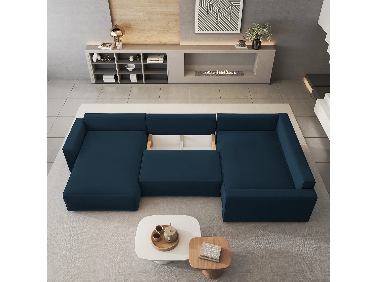 Canapé D'angle Velami Bleu En Velours Avec Fonction De Couchage