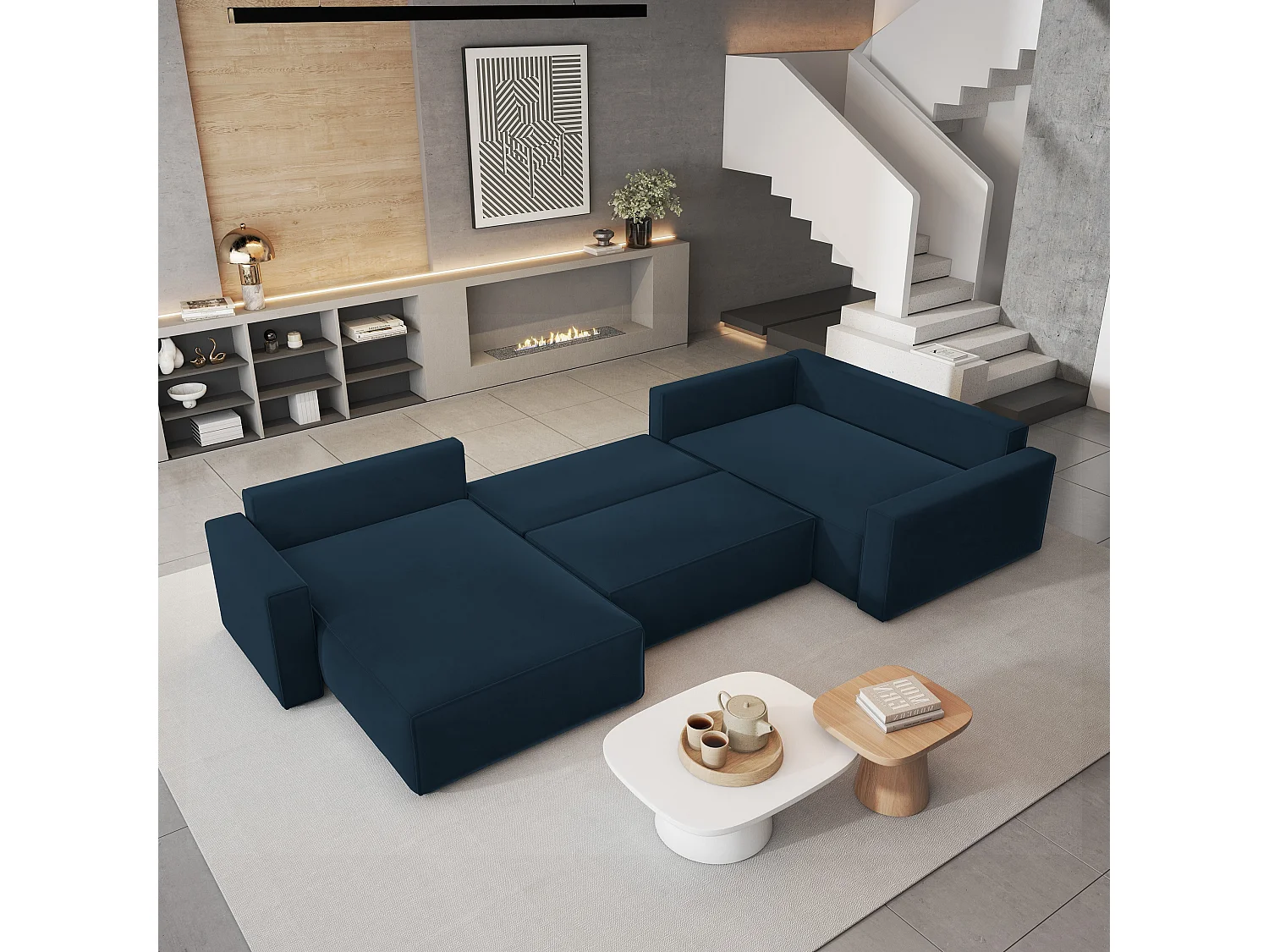 Canapé D'angle Velami Bleu En Velours Avec Fonction De Couchage