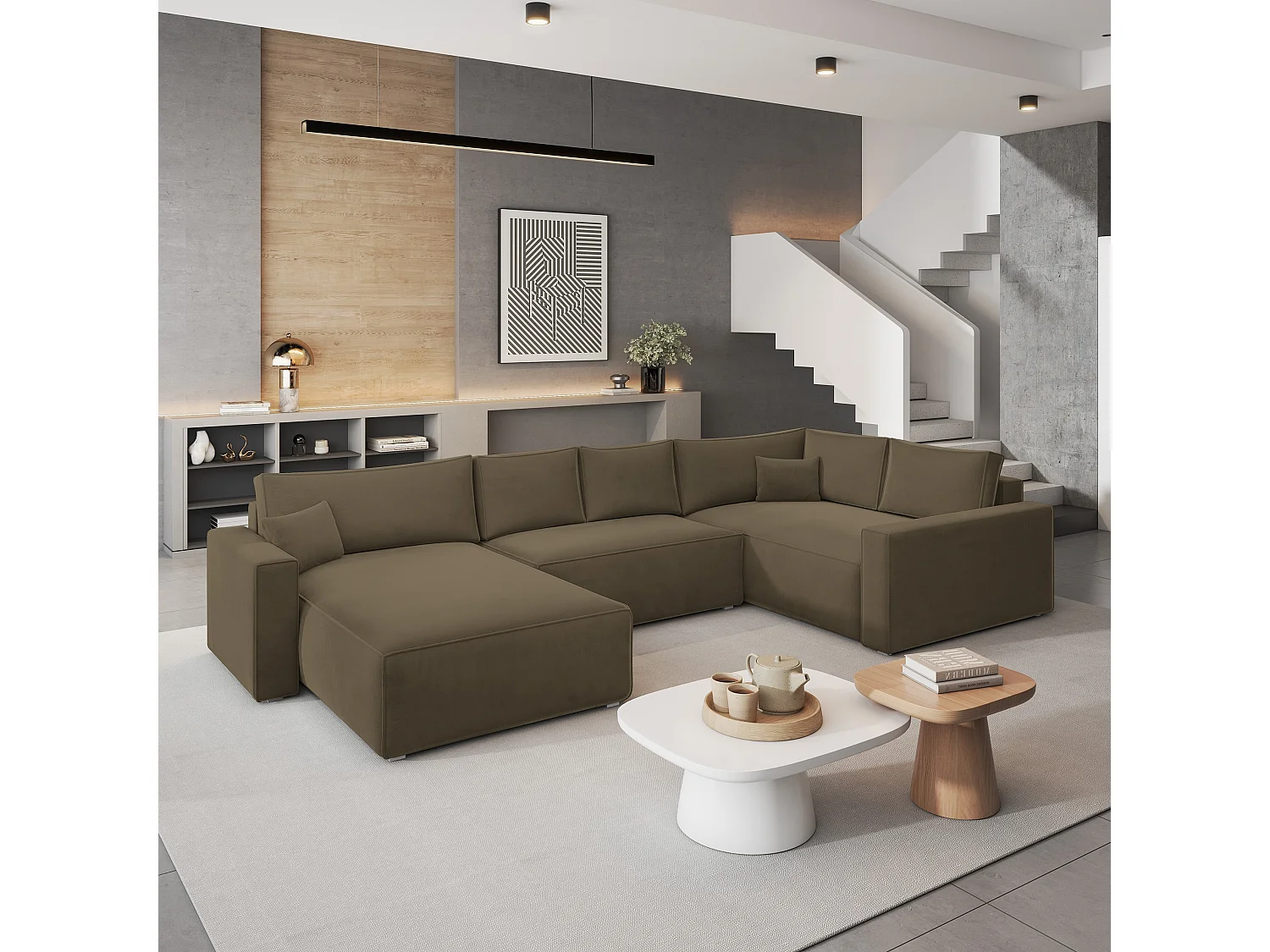 Canapé D'angle Velami Beige En Velours Avec Fonction De Couchage