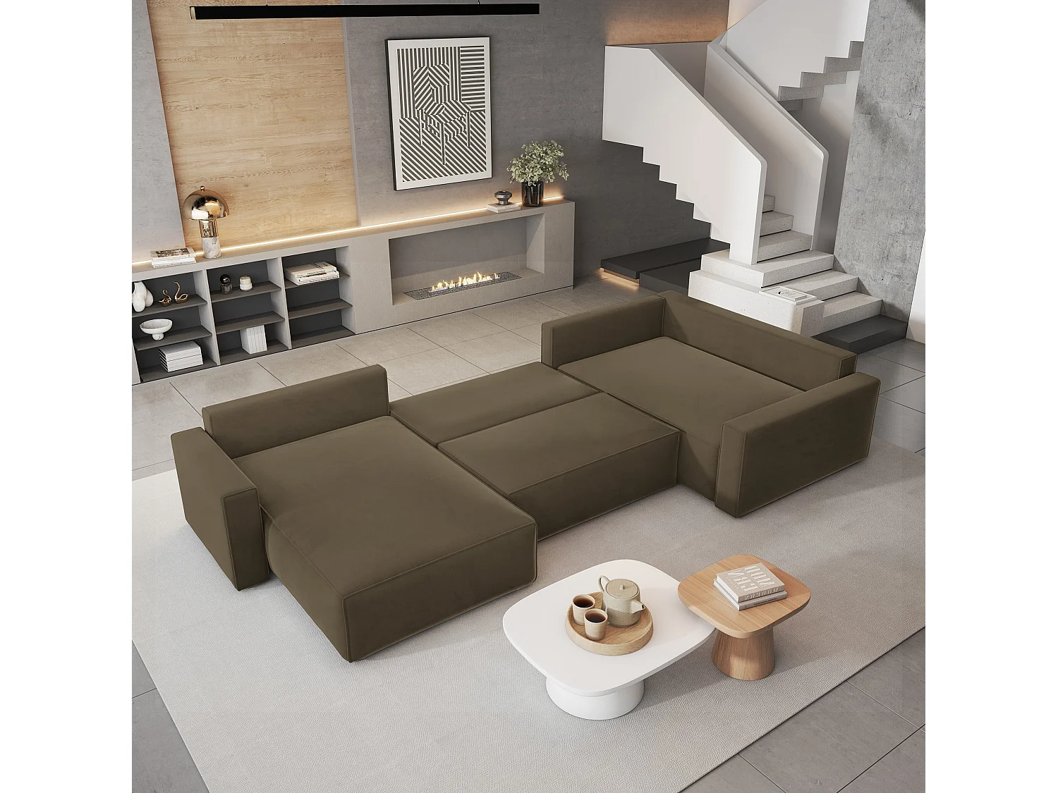 Canapé D'angle Velami Beige En Velours Avec Fonction De Couchage