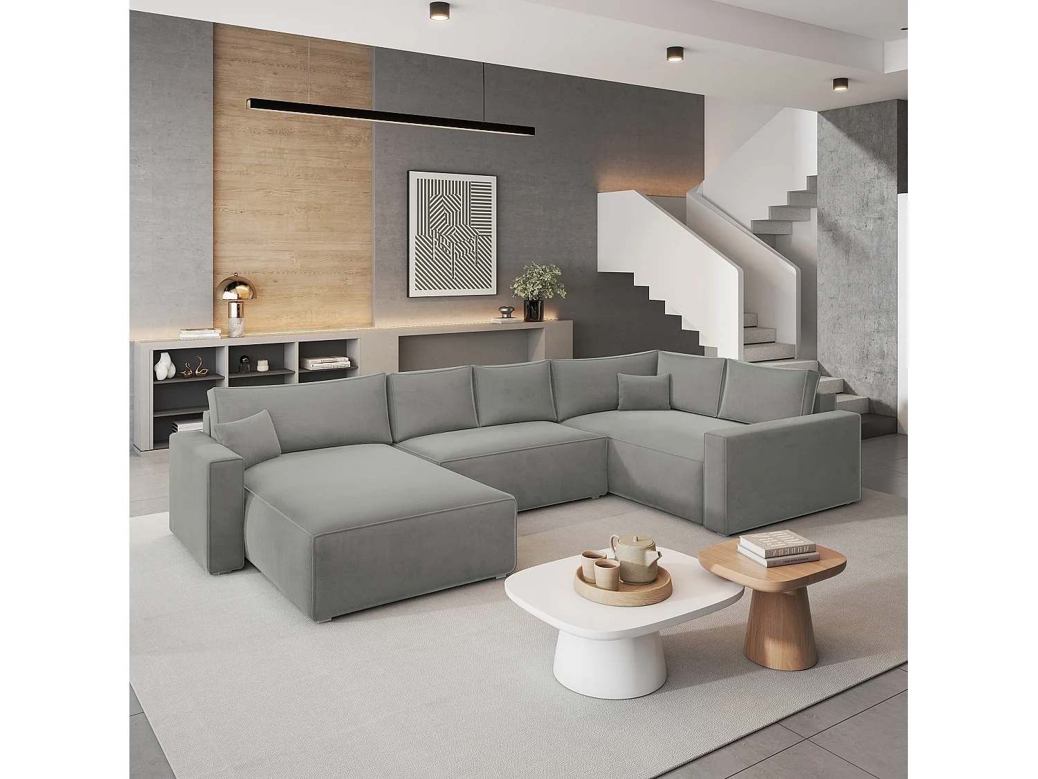 Canapé D'angle Velami Gris Clair En Velours Avec Fonction De Couchage