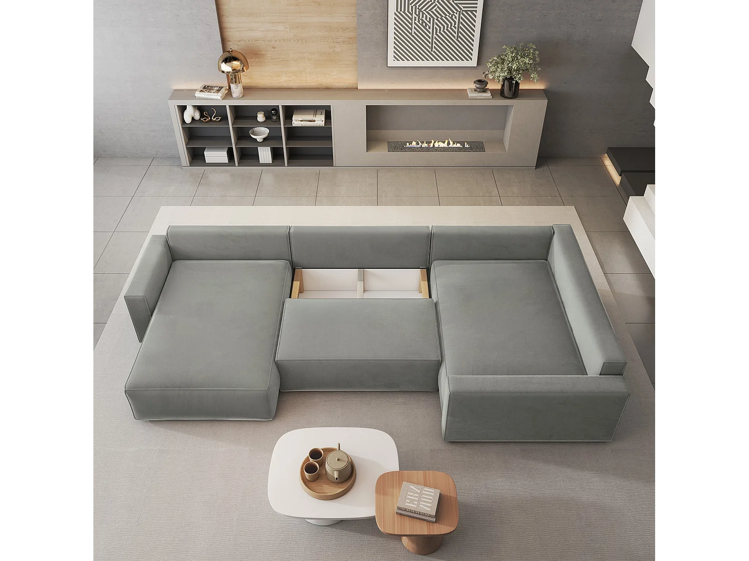 Canapé D'angle Velami Gris Clair En Velours Avec Fonction De Couchage