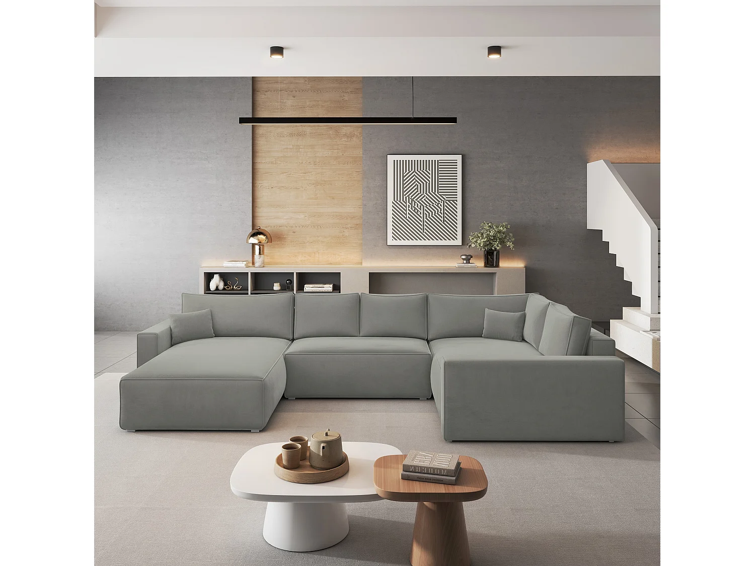 Canapé D'angle Velami Gris Clair En Velours Avec Fonction De Couchage