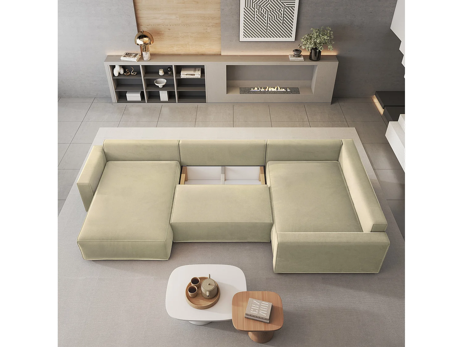 Canapé D'angle Velami Crème En Velours Avec Fonction De Couchage