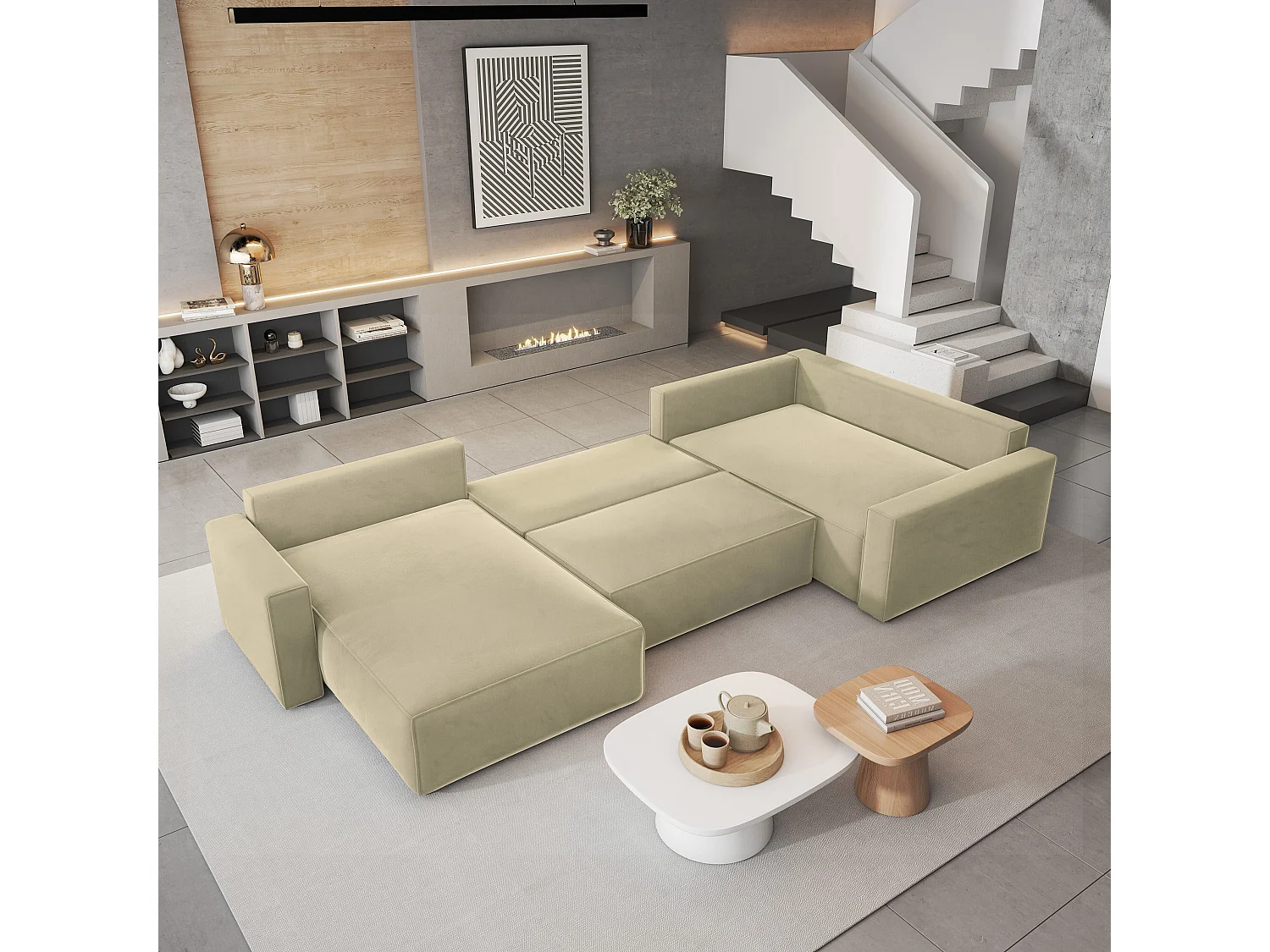 Canapé D'angle Velami Crème En Velours Avec Fonction De Couchage