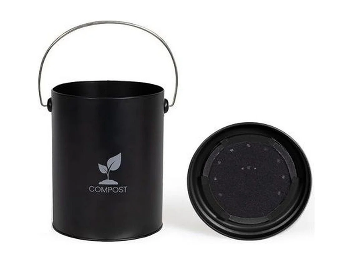6 L zwarte metalen keukencompostemmer met actief koolstoffilter, compact en praktisch, Ø18 cm x H23 cm