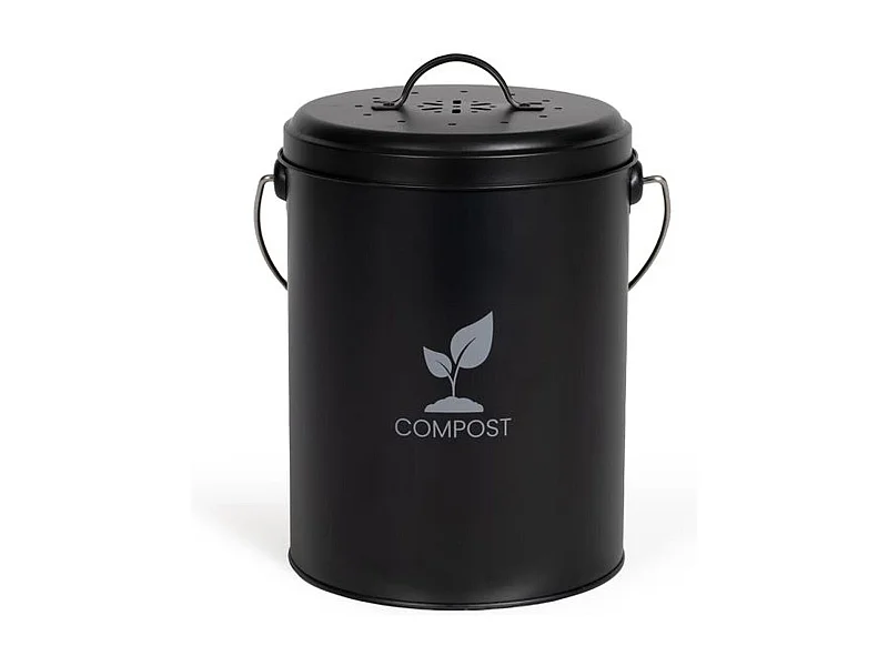 6 L zwarte metalen keukencompostemmer met actief koolstoffilter, compact en praktisch, Ø18 cm x H23 cm