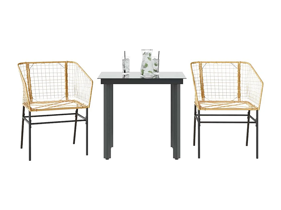 Juego de comedor jardín 3 piezas ratán sintético vidrio marrón