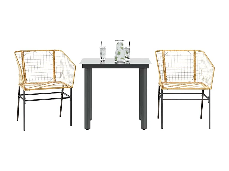 Ensemble à manger de jardin 3pièces marron résine tressée verre