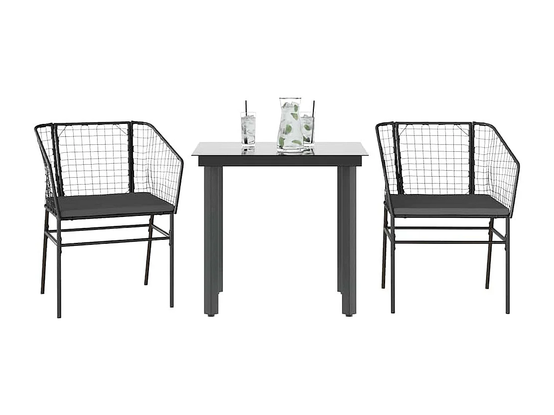 Set comedor jardín 3 piezas cojines ratán sintético vidrio negro