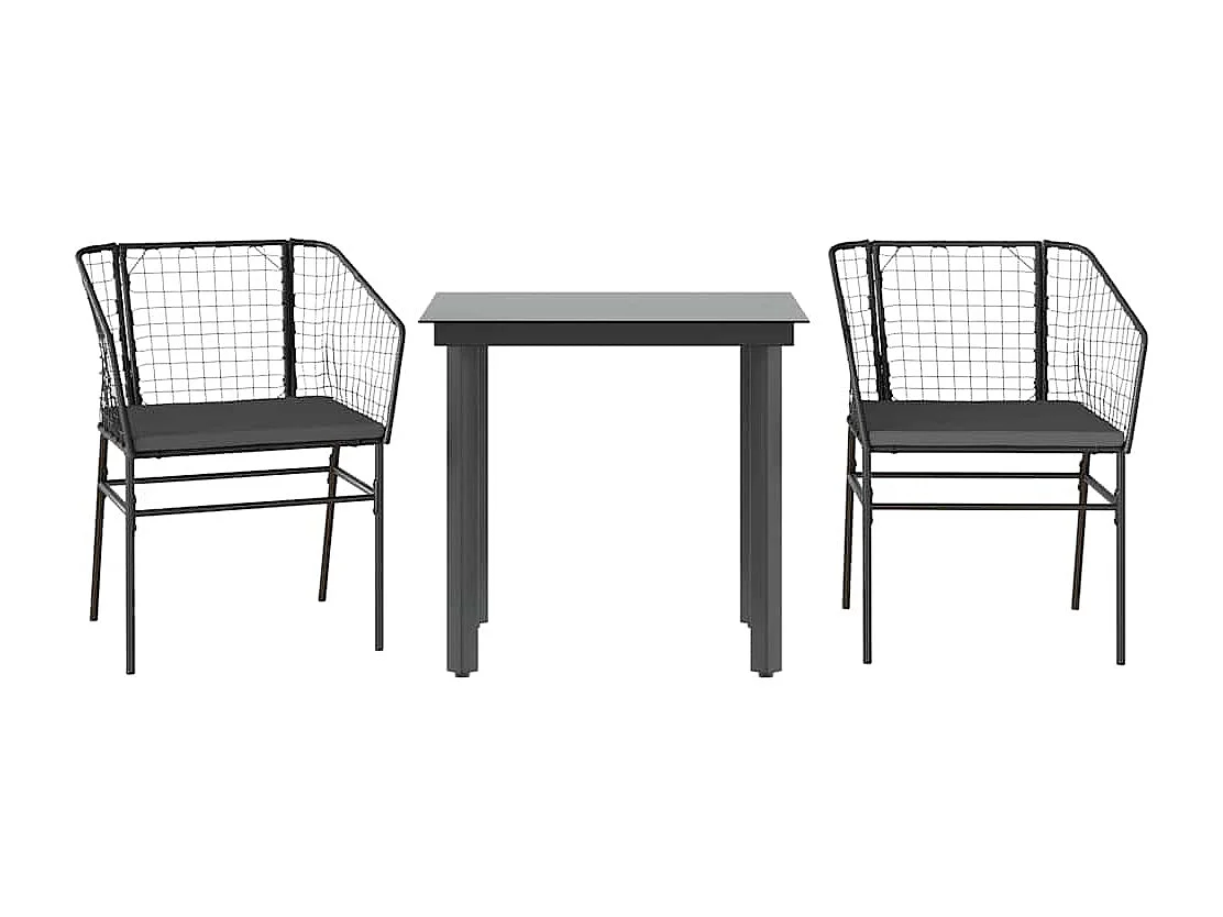 Set comedor jardín 3 piezas cojines ratán sintético vidrio negro