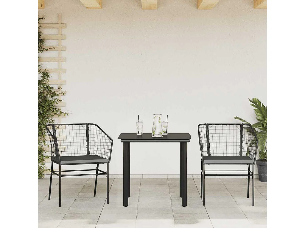 Set comedor jardín 3 piezas cojines ratán sintético vidrio negro
