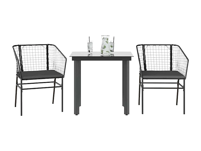 Set comedor jardín 3 piezas cojines ratán sintético vidrio negro