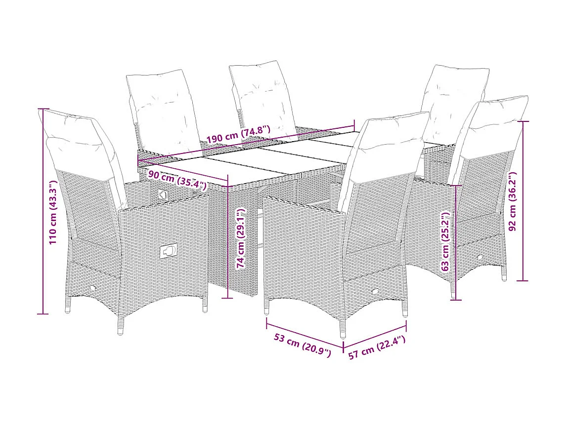 Set comedor jardín 7 piezas y cojines ratán sintético gris