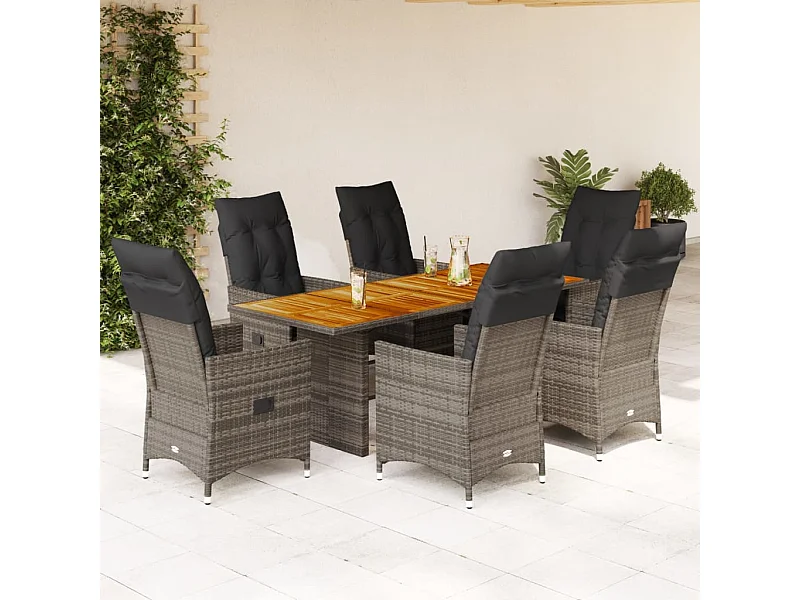 Ensemble à manger de jardin et coussins 7 pièces gris rotin