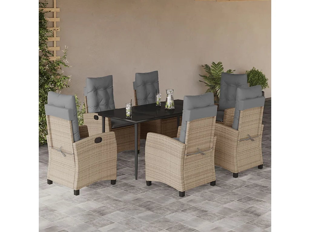 Ensemble à manger de jardin coussins 7 pièces mélange beige rotin