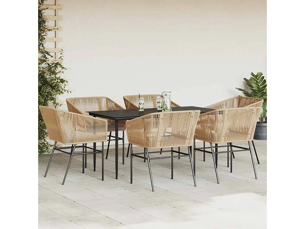 Ensemble à manger jardin coussins 7pièces marron poly rotin verre