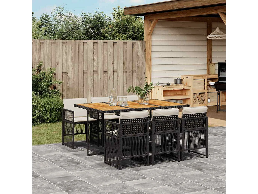 Ensemble à manger de jardin coussins 7pièces Noir Résine tressée