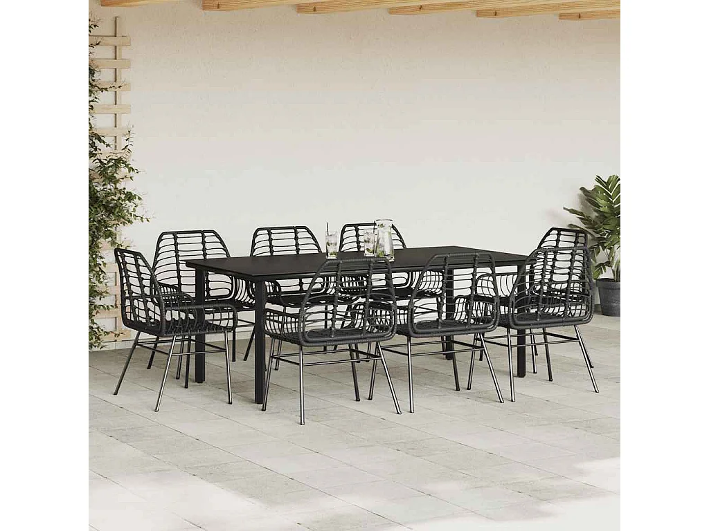 Ensemble à manger de jardin 9 pièces noir poly rotin verre